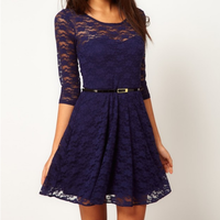 Slim Sexy Round Neck Big Yards Lace Dress - Thumbnail 2