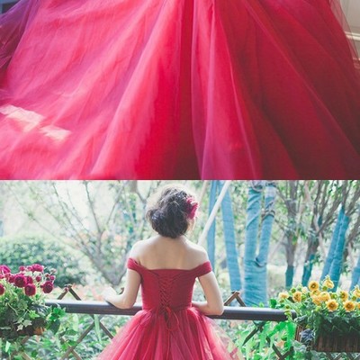 Off shoulder red bridesmaid dress, red prom dresses,off shoulder tulle party dress,238