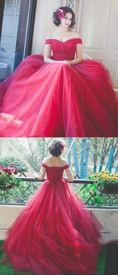 Off Shoulder Red Bridesmaid Dress, Red Prom Dresses,Off Shoulder Tulle Party Dress,238