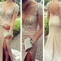 Long Sleeves prom dress, beaded prom dress, sparkle prom dress, see through prom dress, gorgeous prom dress, side split prom dress,241 - Thumbnail 2
