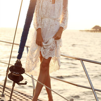 Long Sleeve Printing White Lace Flounced Dress - Thumbnail 2
