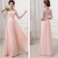 Long bridesmaid dress, lace bridesmaid dress, cheap prom dress, blush pink prom dress, long sleeve prom dress,247 - Thumbnail 2