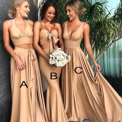 Two piece gold halter long bridesmaid dress with split,249