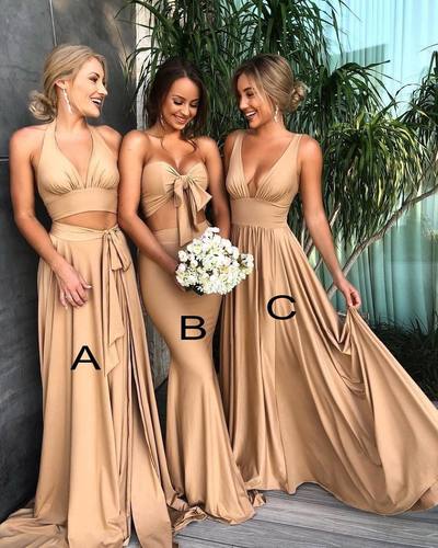 Two Piece Gold Halter Long Bridesmaid Dress with Split,249