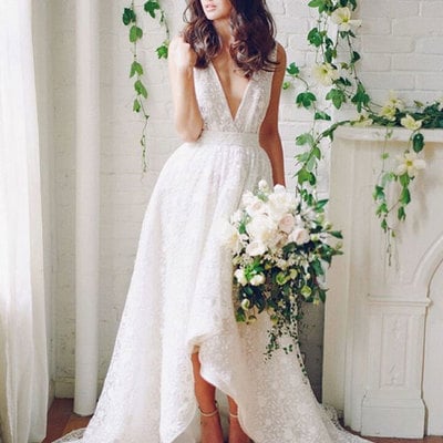 White v neck lace high- low wedding dress, lace bridal dress,251 - Thumbnail 4