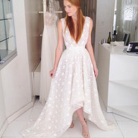 White v neck lace high- low wedding dress, lace bridal dress,251 - Thumbnail 2