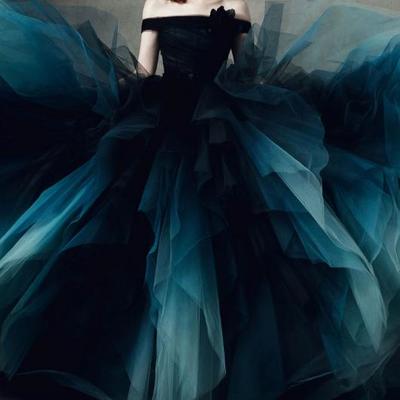 Black and blue ombre wedding dress a-line with horse hair skirt vestidos de novia 2021 off-shoulder black wedding gown,256 - Thumbnail 4