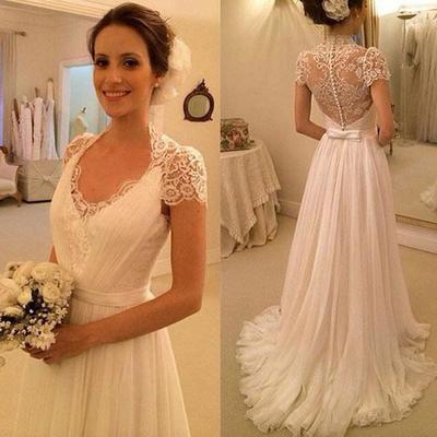 Hot sales cap sleeves v neck see through back lace beach bridal wedding dresses,high quality cheap wedding gowns,260 - Thumbnail 3