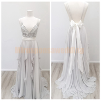 Sexy Lolita Style Spaghetti Boho Wedding Dress with Rhinestones Beading Chiffon Grey Wedding Dress Sash Bodice Backless Bridal Gowns,262 - Thumbnail 2