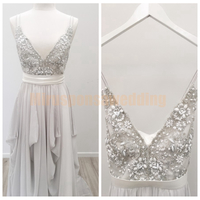 Sexy Lolita Style Spaghetti Boho Wedding Dress with Rhinestones Beading Chiffon Grey Wedding Dress Sash Bodice Backless Bridal Gowns,262 - Thumbnail 1