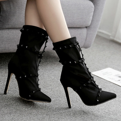 Large size pointed toe belt rivet stiletto high heel stretch cloth women's ankle boots s-336