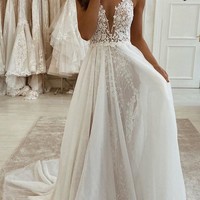Spaghetti Straps Boho Lace Wedding Dress,Side Slit Wedding Dresses,Elegant Lace Bridal Gowns,264 - Thumbnail 1