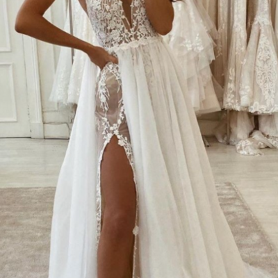 Spaghetti straps boho lace wedding dress,side slit wedding dresses,elegant lace bridal gowns,264 - Thumbnail 3
