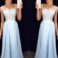 Light blue A-line chiffon lace long prom dress, bridesmaid dress,270 - Thumbnail 2