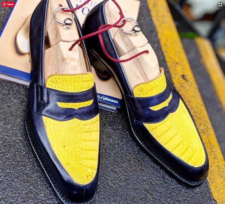 New Men's Handmade Navy Blue & Yellow Color Leather Split Toe Penny