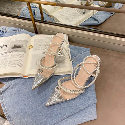 Transparent pearl sandals pointed bow rhinestone stilettos s-345