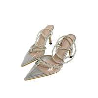 Transparent pearl sandals pointed bow rhinestone stilettos S-345 - Thumbnail 3