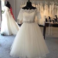 Tea Length Short Wedding Dresses Short Sleeve Boat Neck Crystals Beadings Belt Lace Bridal Gowns vestido de noiva Custom Size,279 - Thumbnail 1