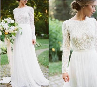Detail Lace Floral Vintage Bohemian Country Long Sleeve Wedding Dresses 2021 Jewel Fairy Plus Size Garden Farm Bridal Reception Dress,281