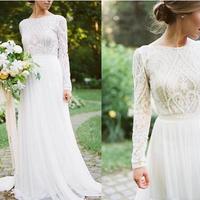 Detail Lace Floral Vintage Bohemian Country Long Sleeve Wedding Dresses 2021 Jewel Fairy Plus Size Garden Farm Bridal Reception Dress,281 - Thumbnail 1
