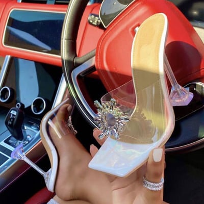 Large size square open toe transparent wine glass with high heel rhinestone buckle sandals and slippers women s-347