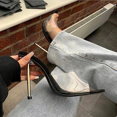 Simple metal high-heeled stiletto transparent pointed sandals and slippers women s-348