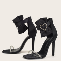 New Rhinestone Bowknot Large Size High Heel One Word Sandals Women S-349 - Thumbnail 3