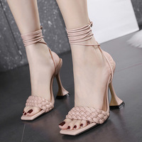 Classic braided Roman lace high heels square toe wine glass heel sandals women S-352 - Thumbnail 1
