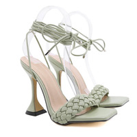 Classic braided Roman lace high heels square toe wine glass heel sandals women S-352 - Thumbnail 3