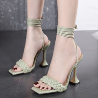Classic braided Roman lace high heels square toe wine glass heel sandals women S-352 - Thumbnail 4
