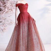 Burgundy sequins long A line prom dress evening dress - Thumbnail 5