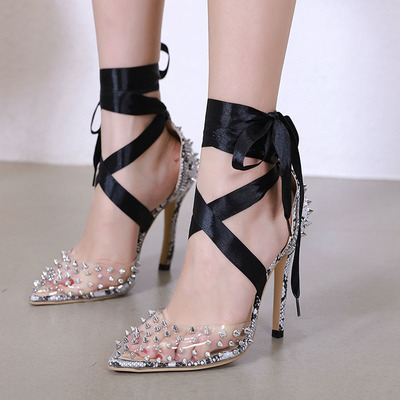 Pointed rivet strap transparent hollow high-heeled sandals women s-361