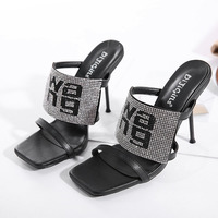 Letter Rhinestone Square Toe High Heels S-368 - Thumbnail 2