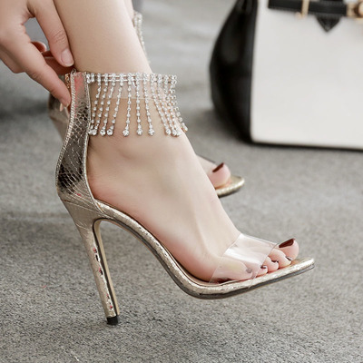 Luxury rhinestone transparent tassel stiletto sandals women s-370