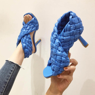 Square toe open toe stiletto high heels cross-woven large size women's sandals s-380