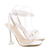 Women's pearl rhinestone bow tie transparent wine glass heel sandals S-386 - Thumbnail 2