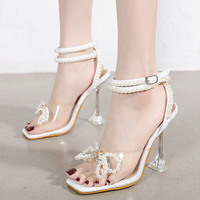 Women's pearl rhinestone bow tie transparent wine glass heel sandals S-386 - Thumbnail 1