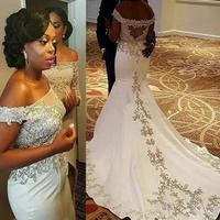 Vintage Off The Shoulder Mermaid Wedding Dresses Sheer Neck Lace Appliques Beads Sexy Back Satin Bridal Dress African Wedding Gowns,290 - Thumbnail 1