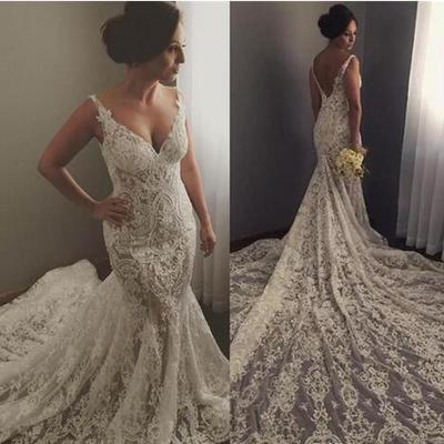 Stunning illusion lace mermaid wedding dresses 2021 sexy v neck appliques sweep train bridal vestidos robe de soriee gowns backless,291 - Thumbnail 5