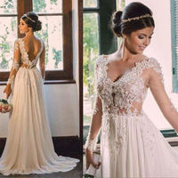 Lace Chiffon Boho Beach Wedding Dress with Long Sleeves Lace Pearl Beads Wedding Dress Bridal Dress,292 - Thumbnail 2