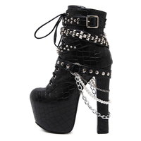 Studded Thick High-heeled Chain Pearl Women's Winter Boots S-391 - Thumbnail 1