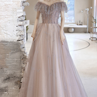 Cute tulle sequins long prom dress evening dress - Thumbnail 1