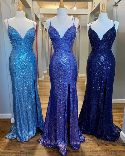 Sexy Sparkly Mermaid V Neck Sequins Prom Dress with Split, 2021 Evening Party Dresses
