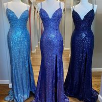 Sexy Sparkly Mermaid V Neck Sequins Prom Dress with Split, 2021 Evening Party Dresses - Thumbnail 1