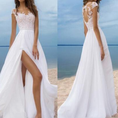Beach boho wedding dresses short sleeves cheap chiffon bride gowns high side slit backless wedding gowns sheer neck,296 - Thumbnail 3