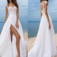 Beach Boho Wedding Dresses Short Sleeves Cheap Chiffon Bride Gowns High Side Slit Backless Wedding Gowns Sheer Neck,296 - Thumbnail 1