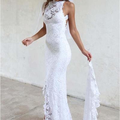 Beach wedding dress, lace wedding dress, high neckline lace backless mermaid wedding dresses with court train,300 - Thumbnail 4