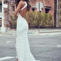 Beach Wedding Dress, Lace Wedding Dress, High Neckline Lace Backless Mermaid Wedding Dresses With Court Train,300 - Thumbnail 1