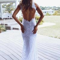 Beach Wedding Dress, Lace Wedding Dress, High Neckline Lace Backless Mermaid Wedding Dresses With Court Train,300 - Thumbnail 2