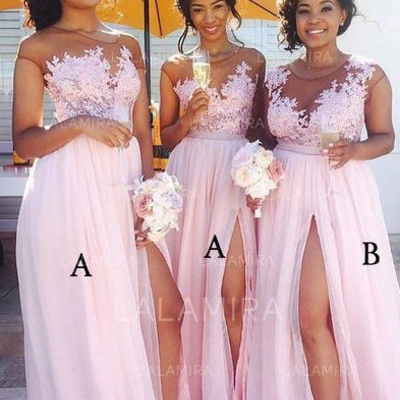 Lace appliqued sexy bridesmaid dresses,pink bridesmaid dresses,long bridesmaid dresses with slit,302